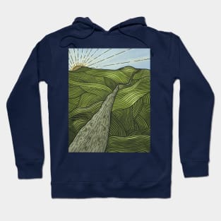 Green Hills and Sun Line Art Design Hoodie